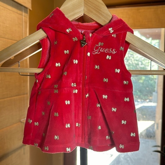 Guess Other - Guess Red Velvet w/ Gold Bows Vest Hooded Jacket Size 0-3 Mths